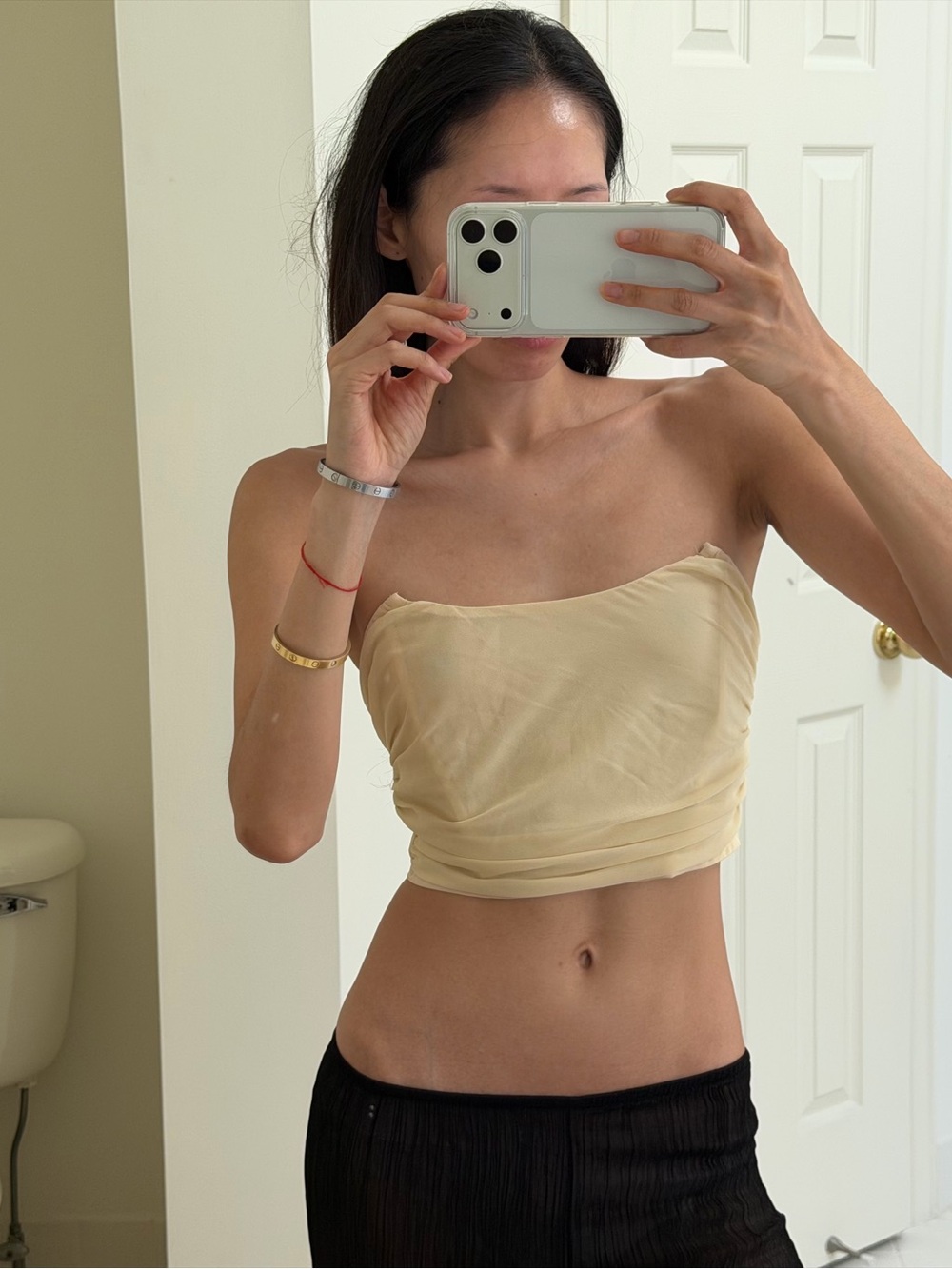 PrettyLittleThing nude beige strapless ruched crop top - size 2